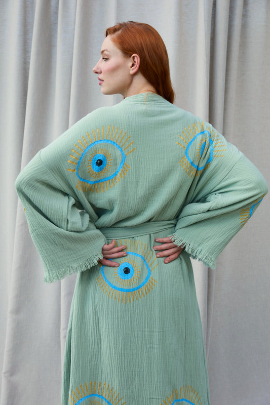 Mint Nazar Kimono – Musselin-Kimono in Mint mit blauem Nazar-Motiv