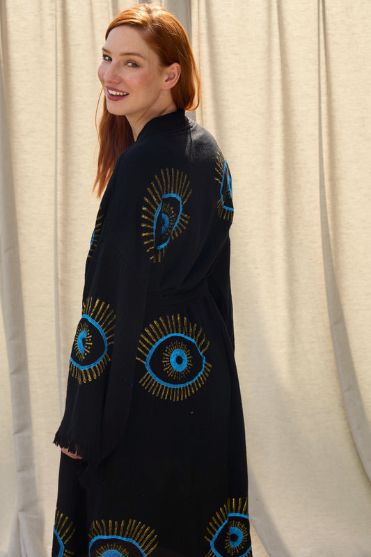 Black Nazar Kimono – Baumwoll-Kimono in Schwarz mit blauem Nazar-Motiv