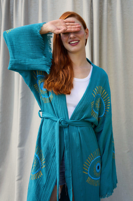Teal Nazar Kimono – Musselin-Kimono in Petrol mit Nazar-Motiv