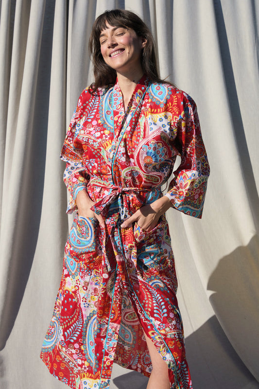 Paisley Kimono Rot – Kimono aus Baumwolle in Rot mit Paisley-Print