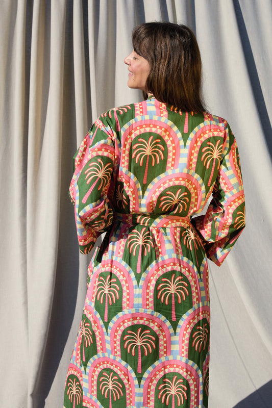 Havana Kimono – Kimono aus Baumwolle in Olivgrün mit Palmen-Print