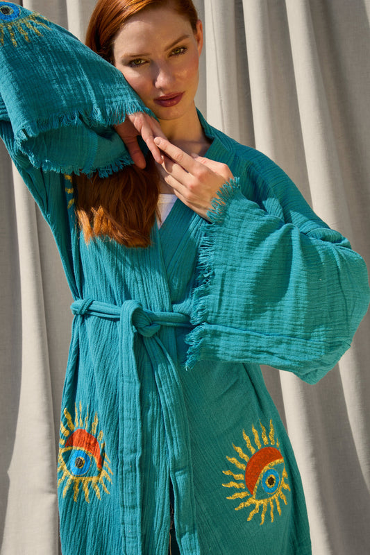 Teal Sunrise Nazar Kimono – Musselin-Kimono in Petrol mit Sonnen-Nazar-Motiv
