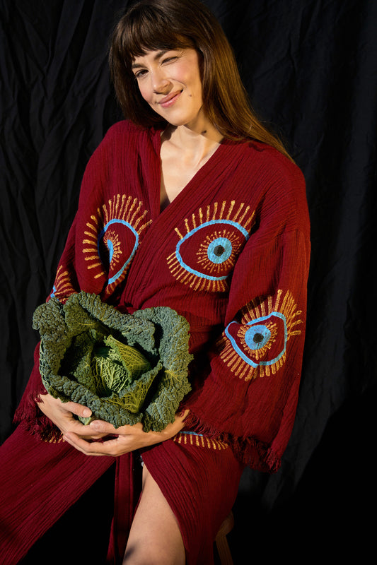 Dunkelrot Nazar Kimono – Musselin-Kimono in Dunkelrot mit Nazar-Motiv
