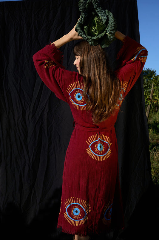 Dunkelrot Nazar Kimono – Musselin-Kimono in Dunkelrot mit Nazar-Motiv