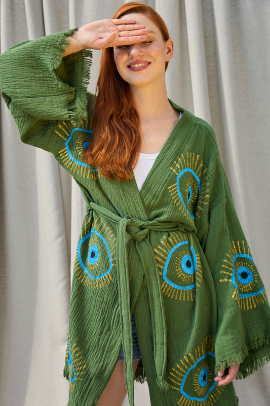 Short Olive Nazar Kimono – kurzer Musselin-Kimono in Olivgrün mit Nazar-Print