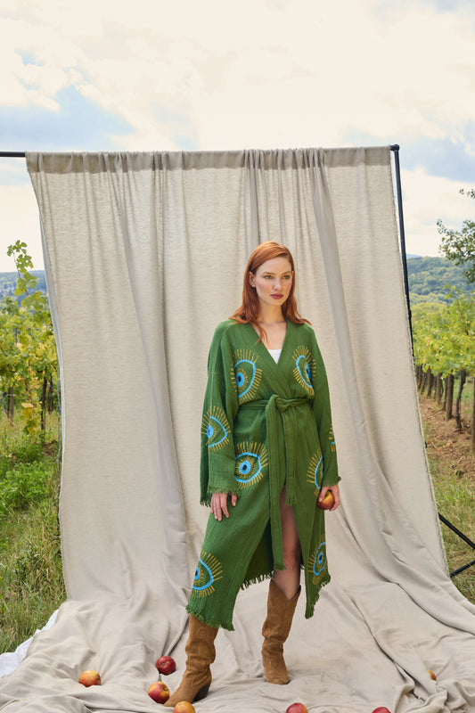 Olive Nazar Kimono – Musselin-Kimono in Olivgrün mit Nazar-Motiv