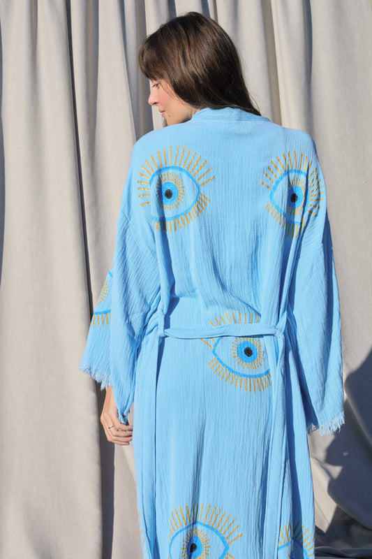 Himmelblau Nazar Kimono – Musselin-Kimono in Himmelblau mit Nazar-Motiv
