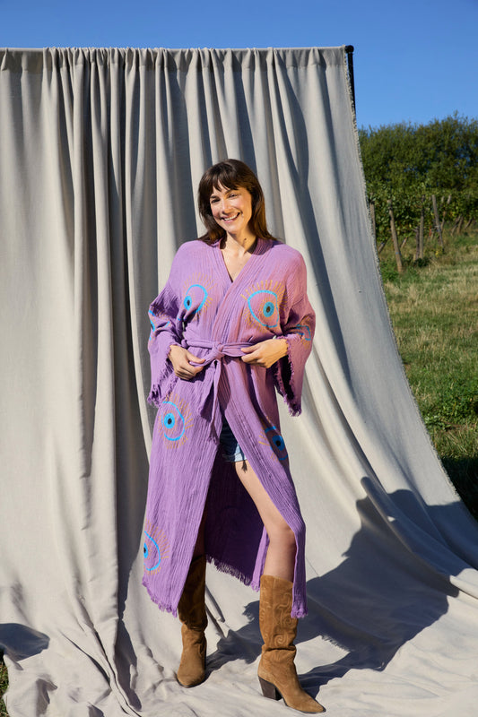 Violet Nazar Kimono – Musselin-Kimono in Lila mit Nazar-Motiv