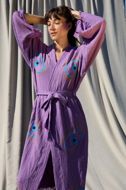 Violet Nazar Kimono – Musselin-Kimono in Lila mit Nazar-Motiv