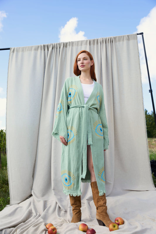 Mint Nazar Kimono – Musselin-Kimono in Mint mit blauem Nazar-Motiv