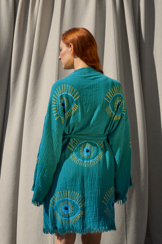 Short Teal Nazar Kimono – kurzer Musselin-Kimono in Teal mit Nazar-Print, Ansicht 2