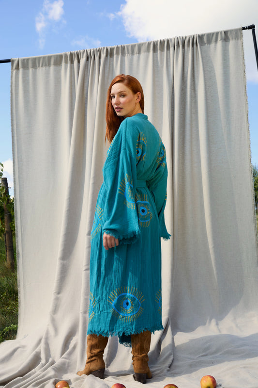 Teal Nazar Kimono – Musselin-Kimono in Petrol mit Nazar-Motiv