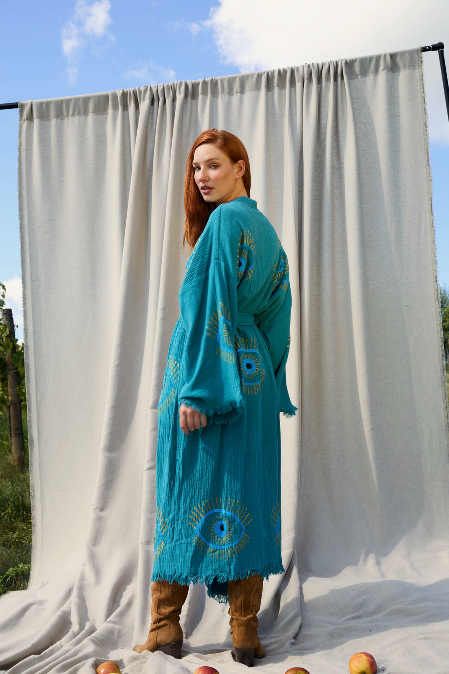 Teal Nazar Kimono – Musselin-Kimono in Petrol mit Nazar-Motiv