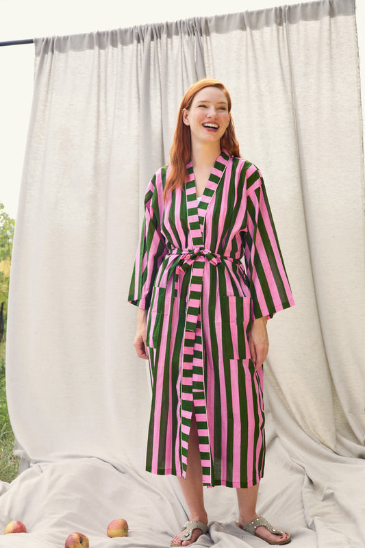 Candy Stripe Kimono – Kimono aus Baumwolle mit Streifen in Pink und Grün