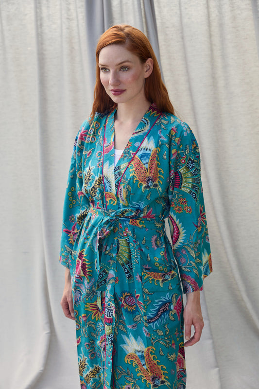 Eden Kimono – Kimono aus Baumwolle in Türkis mit floralem Print