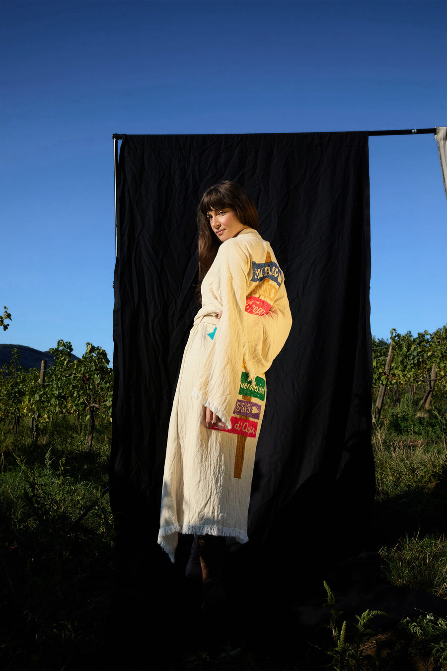 Côte d'Azur Kimono – Baumwoll-Kimono in Creme mit Riviera-Print