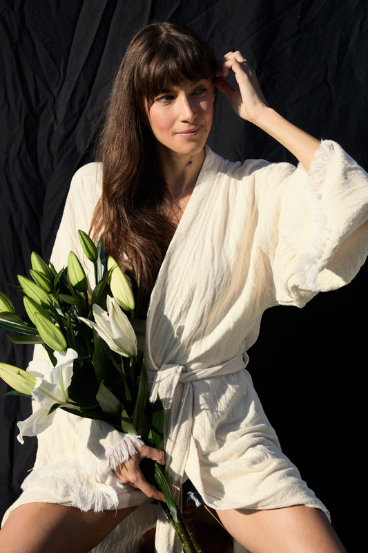 Côte d'Azur Kimono – Baumwoll-Kimono in Creme mit Riviera-Print