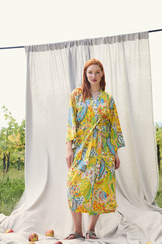 Paisley Kimono Gelb – Kimono aus Baumwolle in Gelb mit Paisley-Print