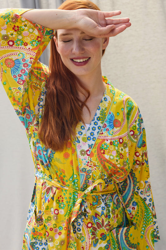 Paisley Kimono Gelb – Kimono aus Baumwolle in Gelb mit Paisley-Print