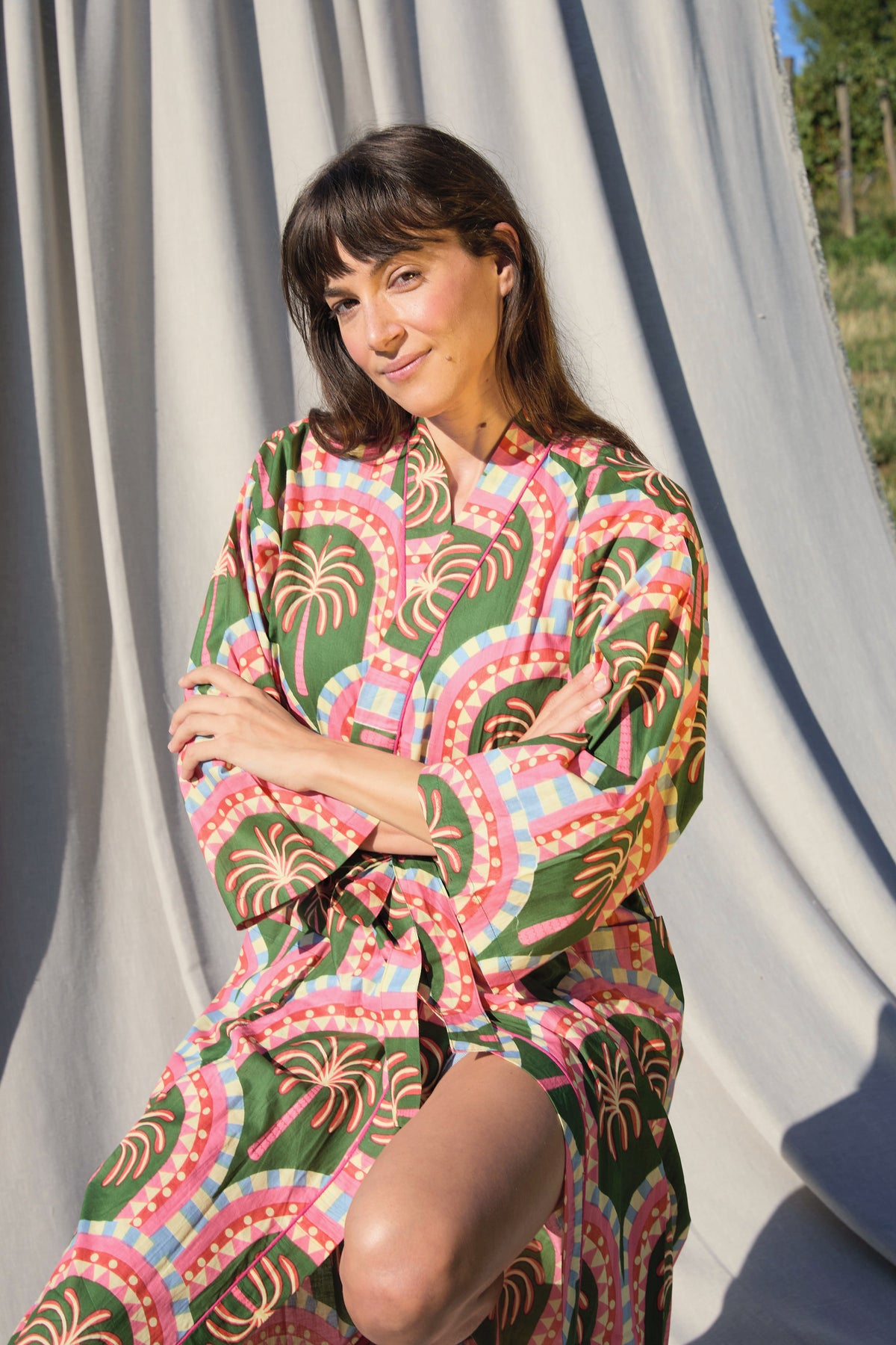 Havana Kimono – Kimono aus Baumwolle in Olivgrün mit Palmen-Print