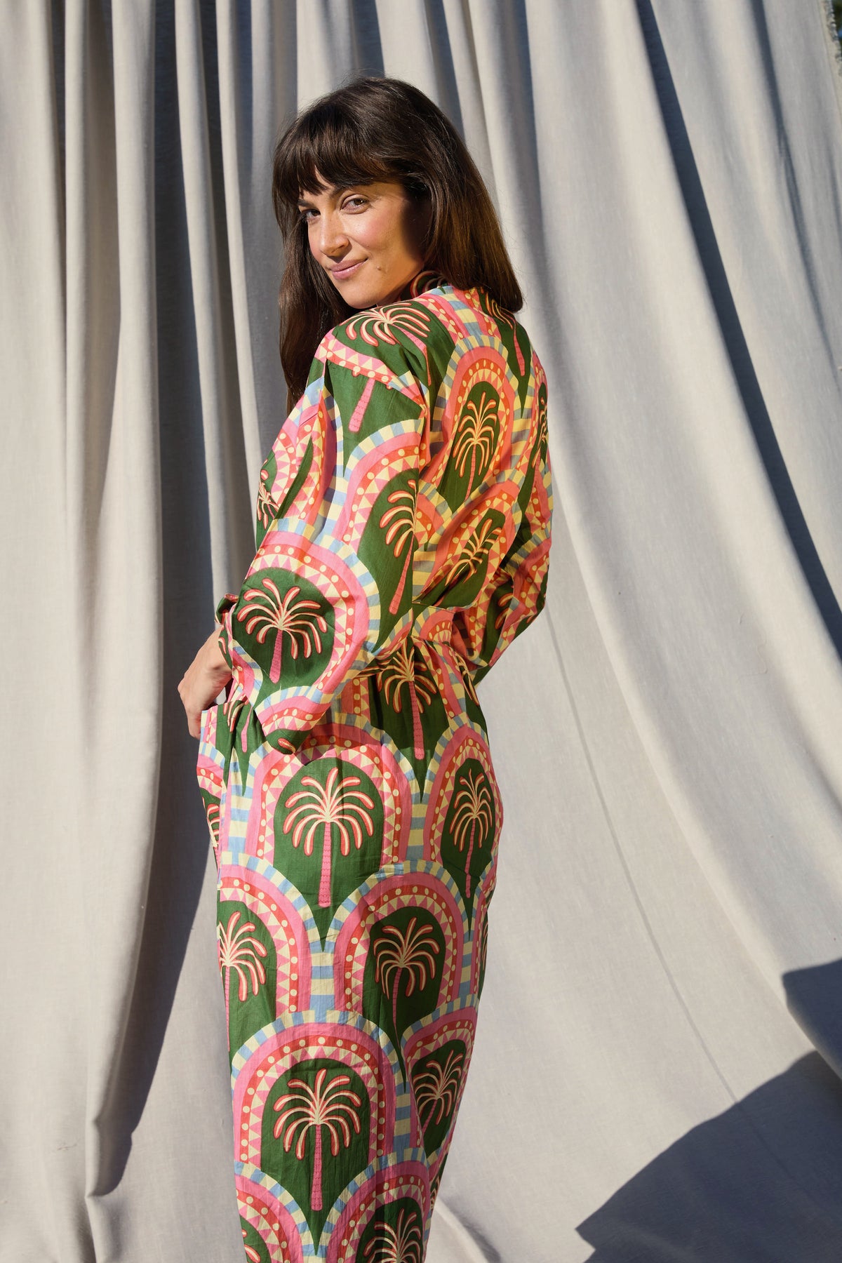 Havana Kimono – Kimono aus Baumwolle in Olivgrün mit Palmen-Print