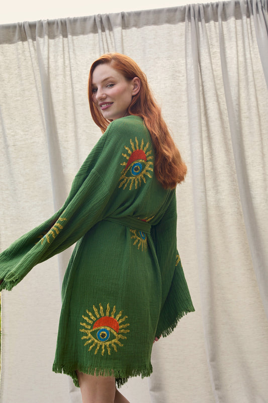 Short Olive Sunrise Nazar Kimono – kurzer Musselin-Kimono in Olivgrün mit Sunrise-Nazar-Print