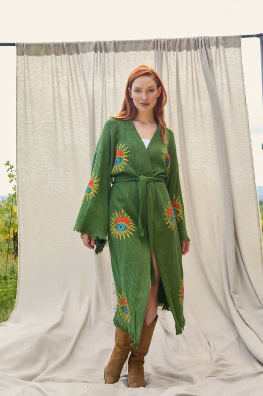 Olive Sunrise Nazar Kimono – Musselin-Kimono in Olivgrün mit Sonnen-Nazar-Motiv
