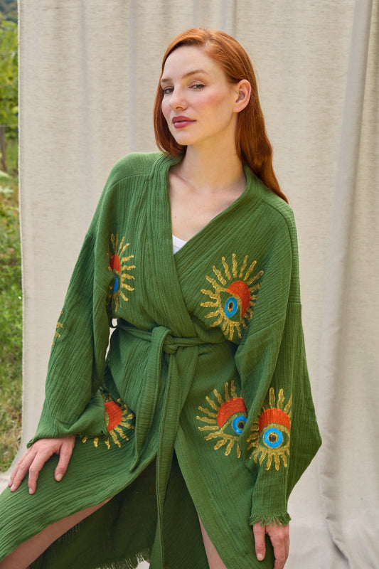 Olive Sunrise Nazar Kimono – Musselin-Kimono in Olivgrün mit Sonnen-Nazar-Motiv