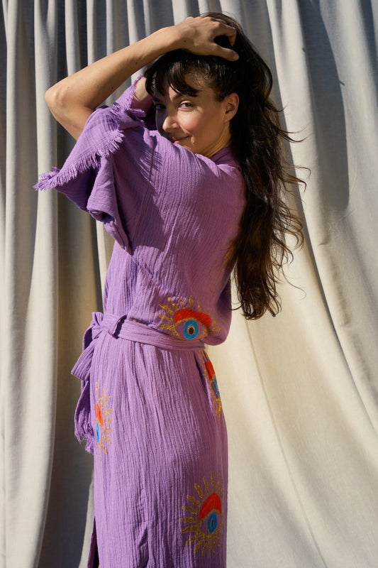 Violet Sunrise Nazar Kimono – Musselin-Kimono in Lila mit Sonnen-Nazar-Motiv