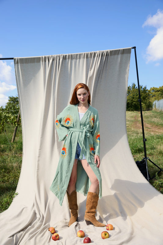 Mint Sunrise Nazar Kimono – Musselin-Kimono in Mint mit Sonnen-Nazar-Motiv