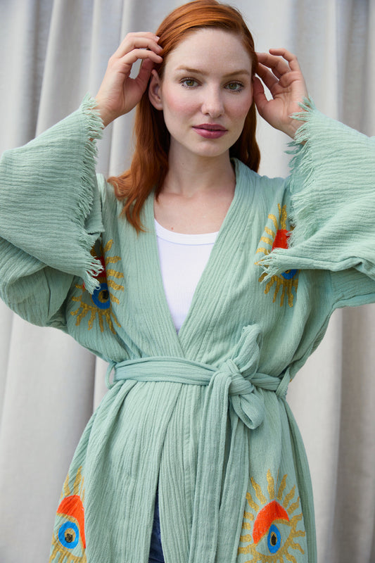 Mint Sunrise Nazar Kimono – Musselin-Kimono in Mint mit Sonnen-Nazar-Motiv