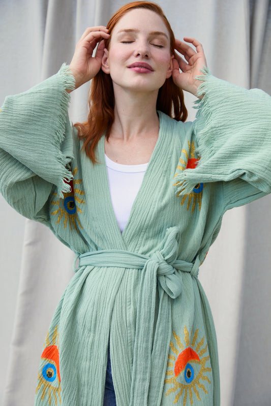 Short Mint Sunrise Nazar Kimono – kurzer Musselin-Kimono in Mint mit Sunrise-Nazar-Print, Ansicht 2