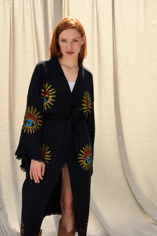 Black Sunrise Nazar Kimono – Musselin-Kimono in Schwarz mit Sonnen-Nazar-Motiv