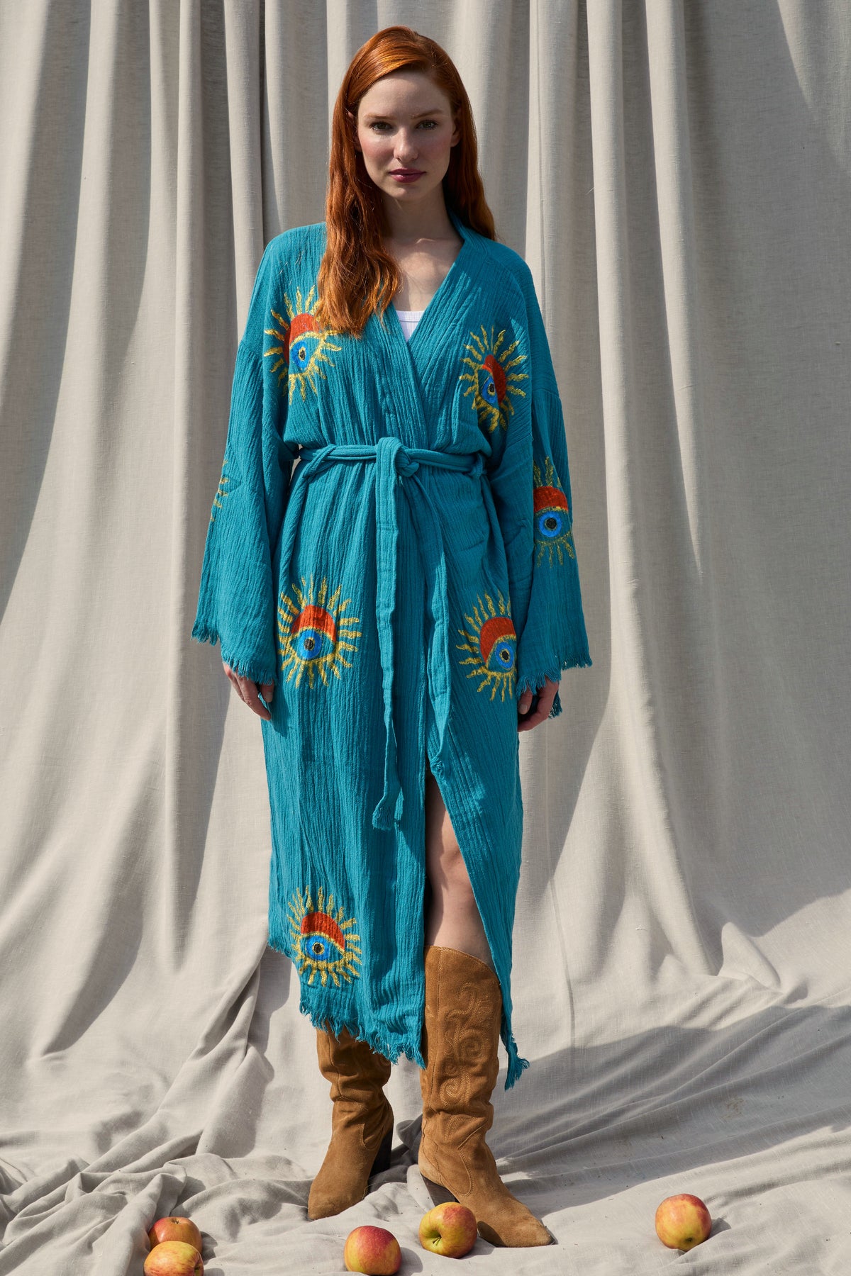 Teal Sunrise Nazar Kimono – Musselin-Kimono in Petrol mit Sonnen-Nazar-Motiv