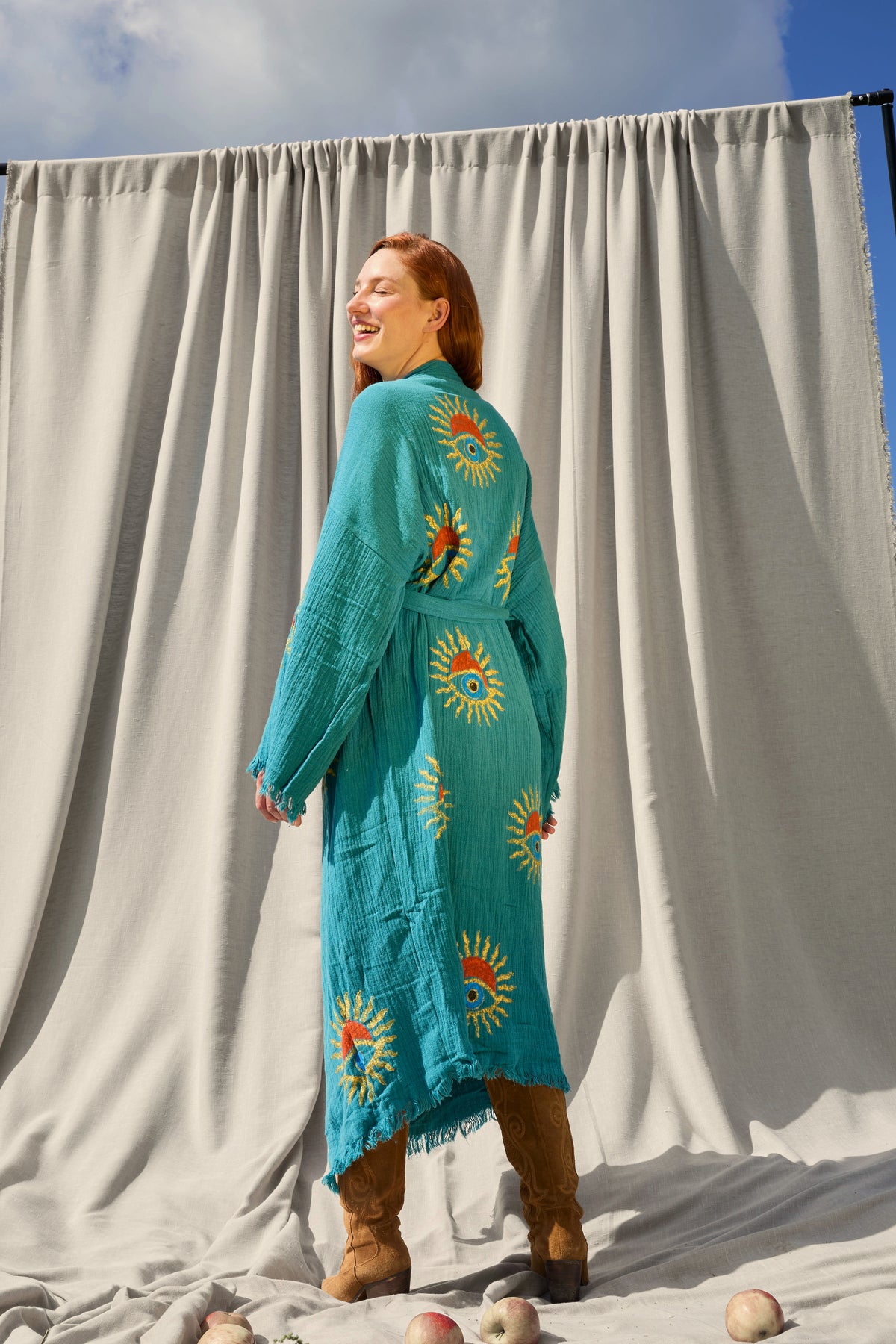 Teal Sunrise Nazar Kimono – Musselin-Kimono in Petrol mit Sonnen-Nazar-Motiv