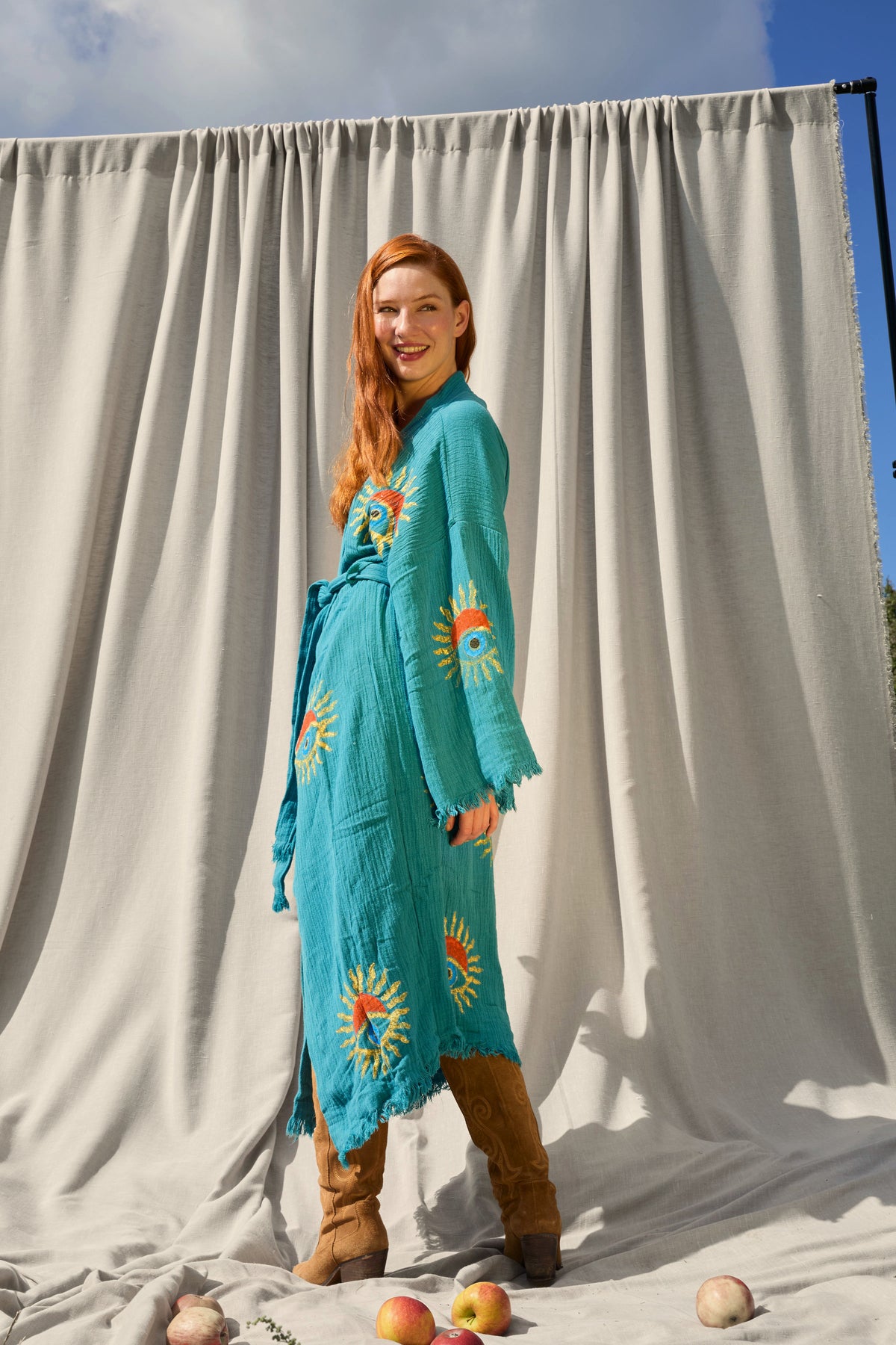 Teal Sunrise Nazar Kimono – Musselin-Kimono in Petrol mit Sonnen-Nazar-Motiv