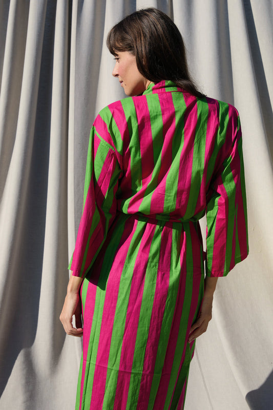 Pink Matcha Kimono – Kimono aus Baumwolle mit Streifen in Pink und Grün